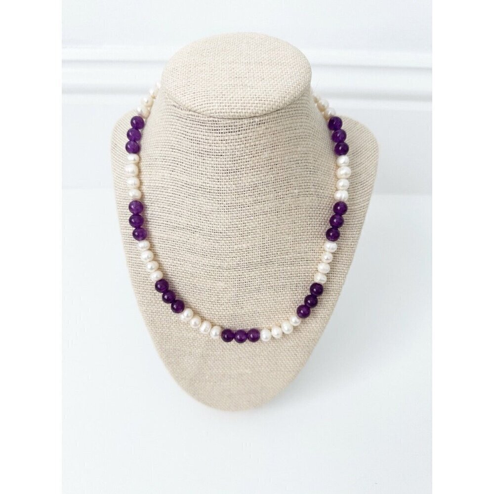 NWT Genuine Amethyst & Pearls Necklace Beaded Purple White Round Beads